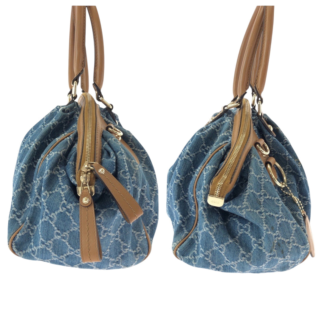 GUCCI Handbag denim Blue Brown Gold Metal Handbag Tote Bag Shoulder Bag Sukey Women Used Authentic