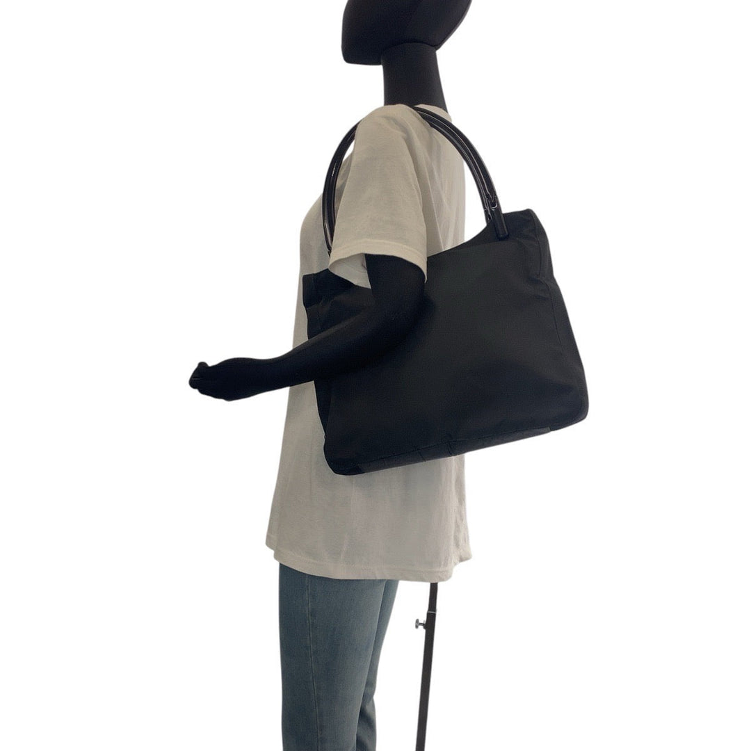 PRADA Tote Bag Nylon, Plastic Black SilverMetal Tote Bag Shoulder Bag Test Triangle With logo Women Used Authentic