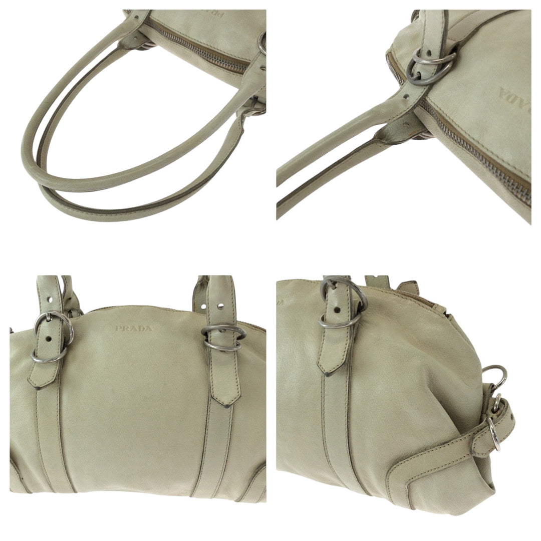 PRADA Handbag leather White SilverMetal Handbag Shoulder Bag Women Used Authentic