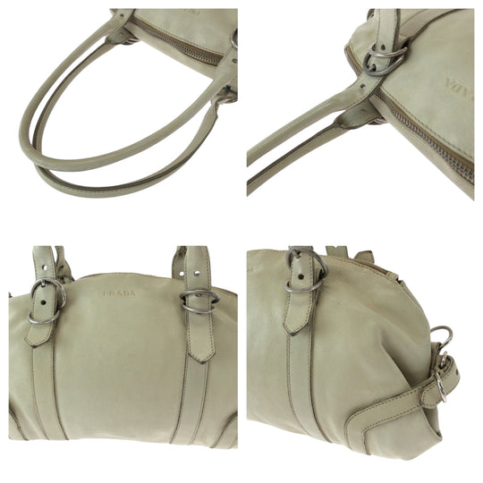 PRADA Handbag leather White SilverMetal Handbag Shoulder Bag Women Used Authentic
