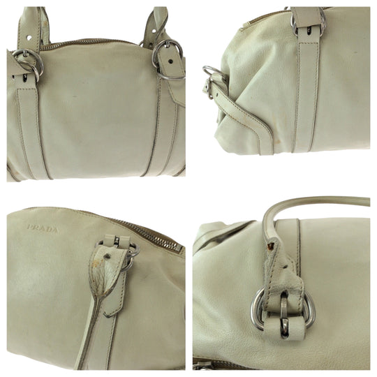 PRADA Handbag leather White SilverMetal Handbag Shoulder Bag Women Used Authentic