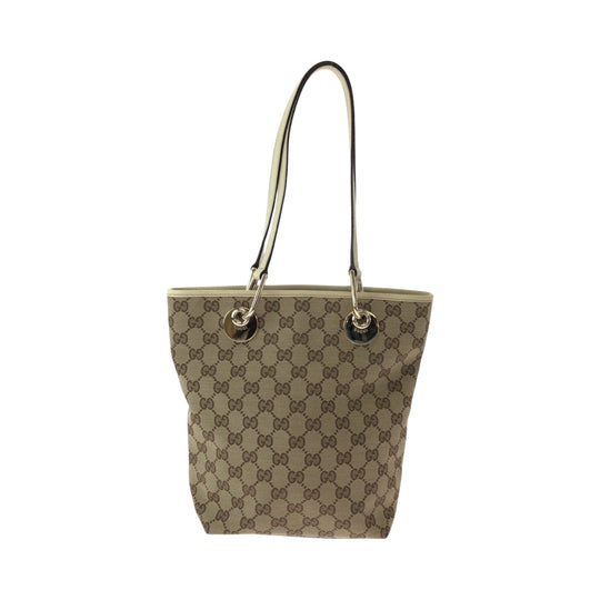 GUCCI Tote Bag 120840 GG canvas Brown Ivory Gold Metal Tote Bag Shoulder Bag Women Used Authentic