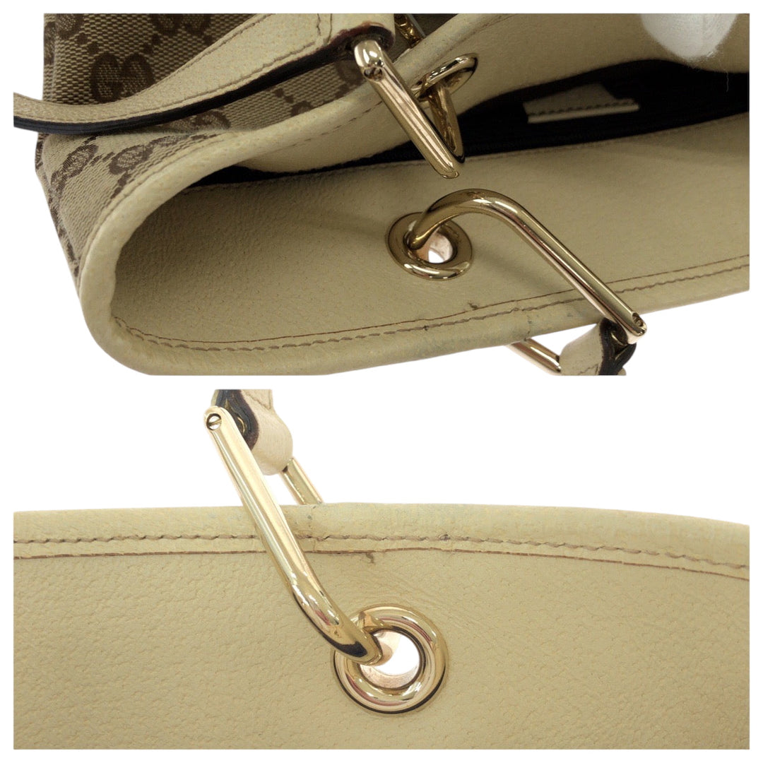 GUCCI Tote Bag 120840 GG canvas Brown Ivory Gold Metal Tote Bag Shoulder Bag Women Used Authentic