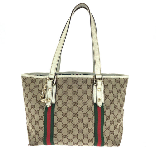 GUCCI Tote Bag 137396 GG canvas Beige Ivory Gold Metal Tote Bag Shoulder Bag Sherry line Women Used Authentic