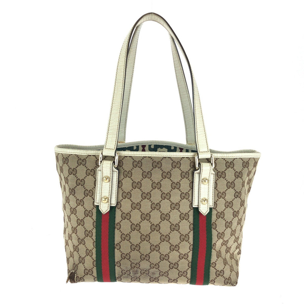 GUCCI Tote Bag 137396 GG canvas Beige Ivory Gold Metal Tote Bag Shoulder Bag Sherry line Women Used Authentic