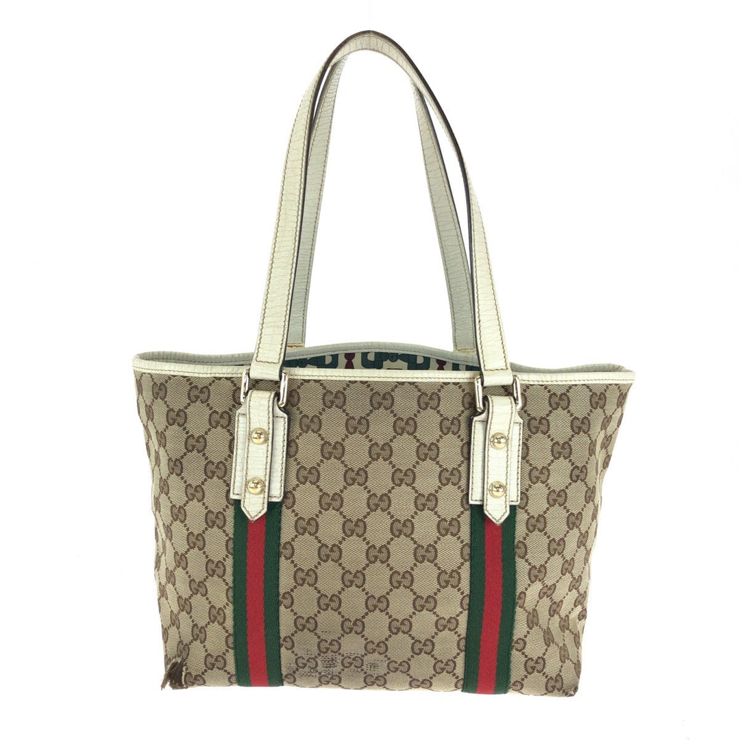 GUCCI Tote Bag 137396 GG canvas Beige Ivory Gold Metal Tote Bag Shoulder Bag Sherry line Women Used Authentic
