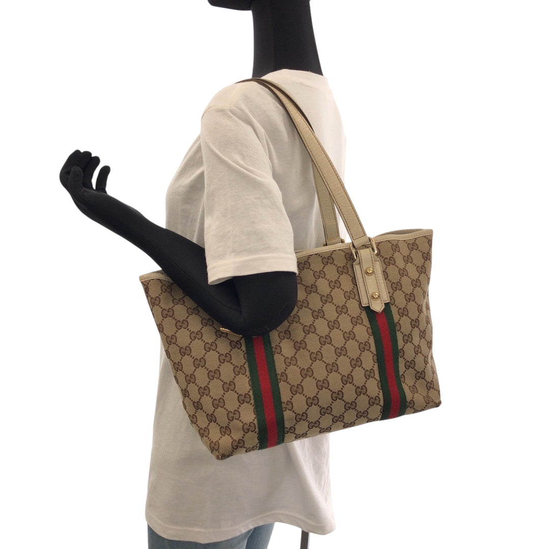 GUCCI Tote Bag 137396 GG canvas Beige Ivory Gold Metal Tote Bag Shoulder Bag Sherry line Women Used Authentic