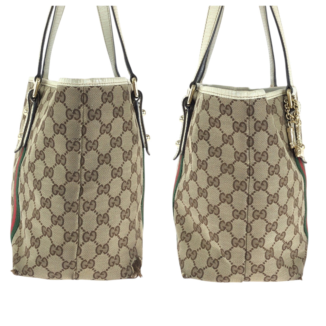 GUCCI Tote Bag 137396 GG canvas Beige Ivory Gold Metal Tote Bag Shoulder Bag Sherry line Women Used Authentic