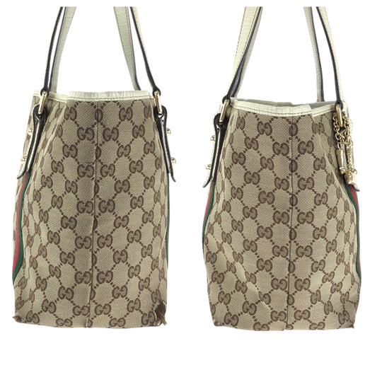 GUCCI Tote Bag 137396 GG canvas Beige Ivory Gold Metal Tote Bag Shoulder Bag Sherry line Women Used Authentic