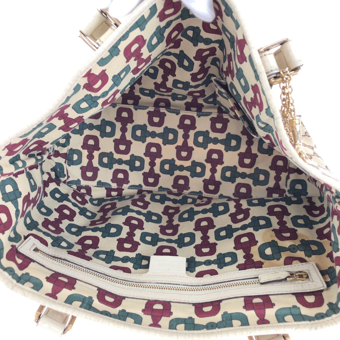 GUCCI Tote Bag 137396 GG canvas Beige Ivory Gold Metal Tote Bag Shoulder Bag Sherry line Women Used Authentic