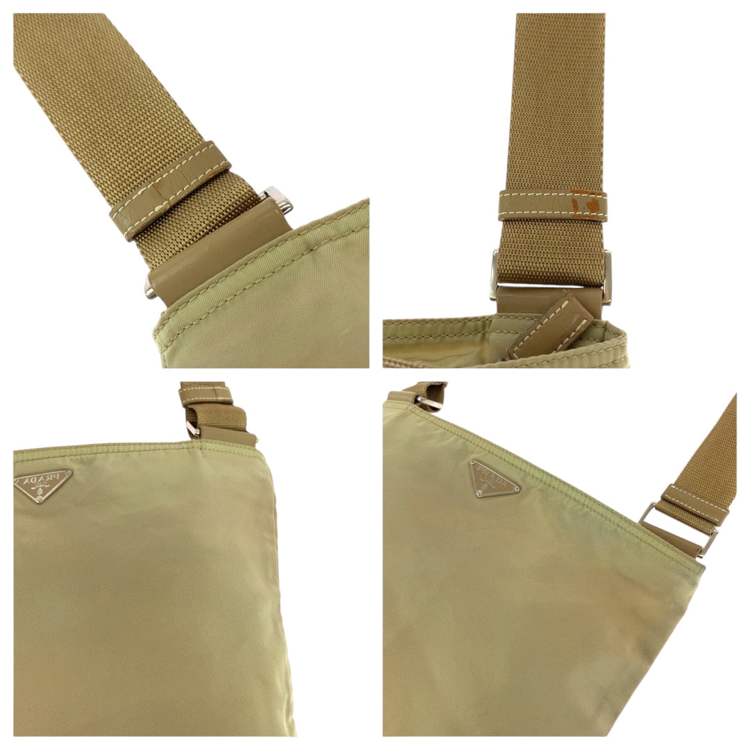 PRADA Shoulder Bag BT0175 Nylon Beige SilverMetal Shoulder Bag pochette Test Triangle With logo Women Used Authentic