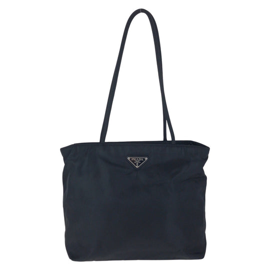 PRADA Tote Bag Nylon Black SilverMetal Tote Bag Shoulder Bag Test Triangle With logo Women Used Authentic