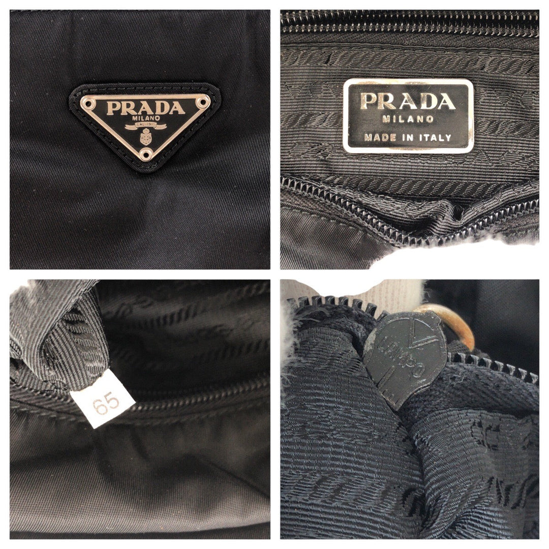 PRADA Tote Bag Nylon Black SilverMetal Tote Bag Shoulder Bag Test Triangle With logo Women Used Authentic