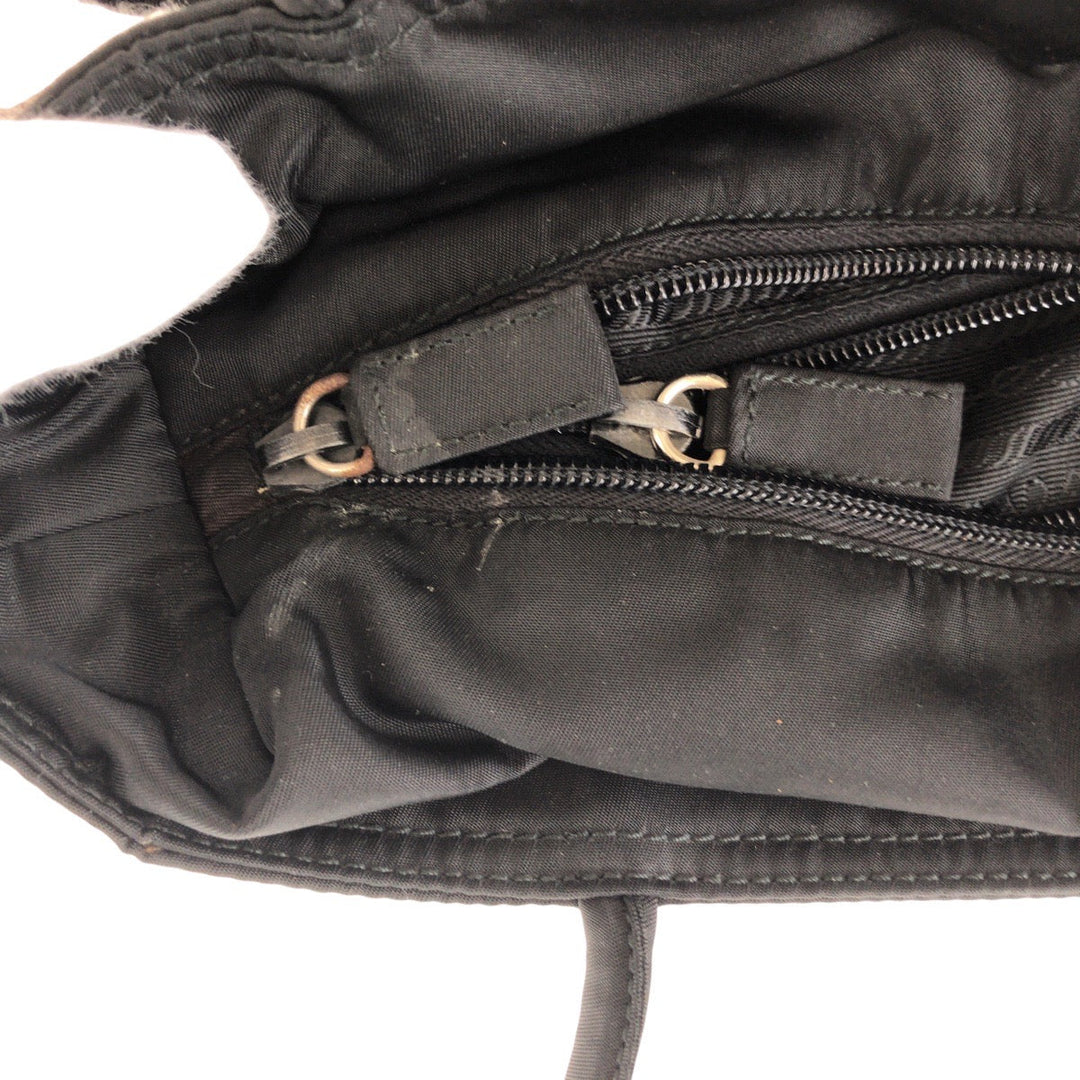 PRADA Tote Bag Nylon Black SilverMetal Tote Bag Shoulder Bag Test Triangle With logo Women Used Authentic