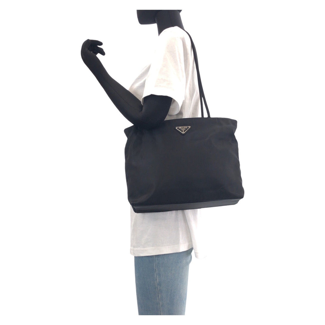 PRADA Tote Bag Nylon Black SilverMetal Tote Bag Shoulder Bag Test Triangle With logo Women Used Authentic