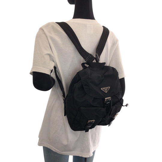 PRADA Backpack Nylon Black SilverMetal Backpack Backpack Test Triangle With logo Women Used Authentic