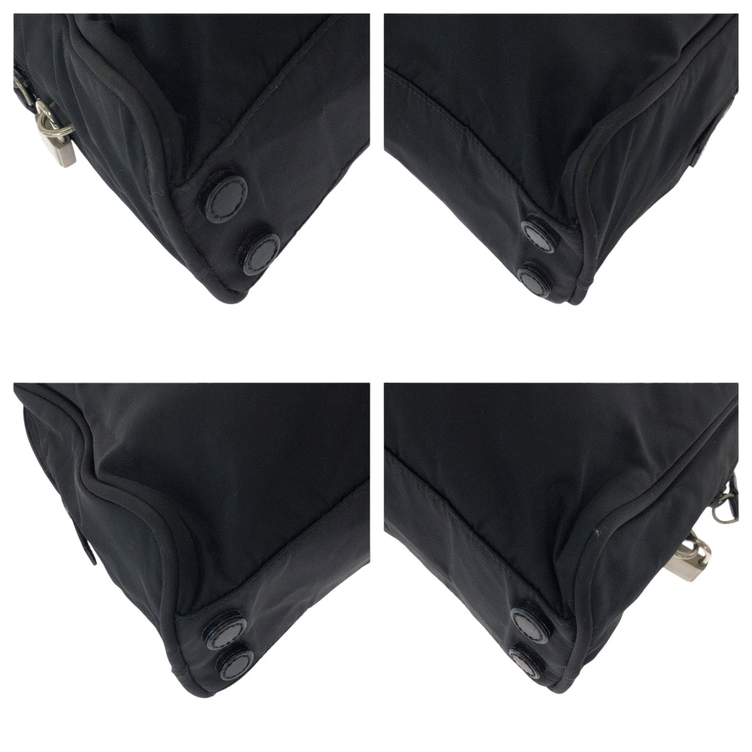 PRADA Tote Bag Nylon Black SilverMetal Tote Bag Shoulder Bag Test Triangle With logo Women Used Authentic