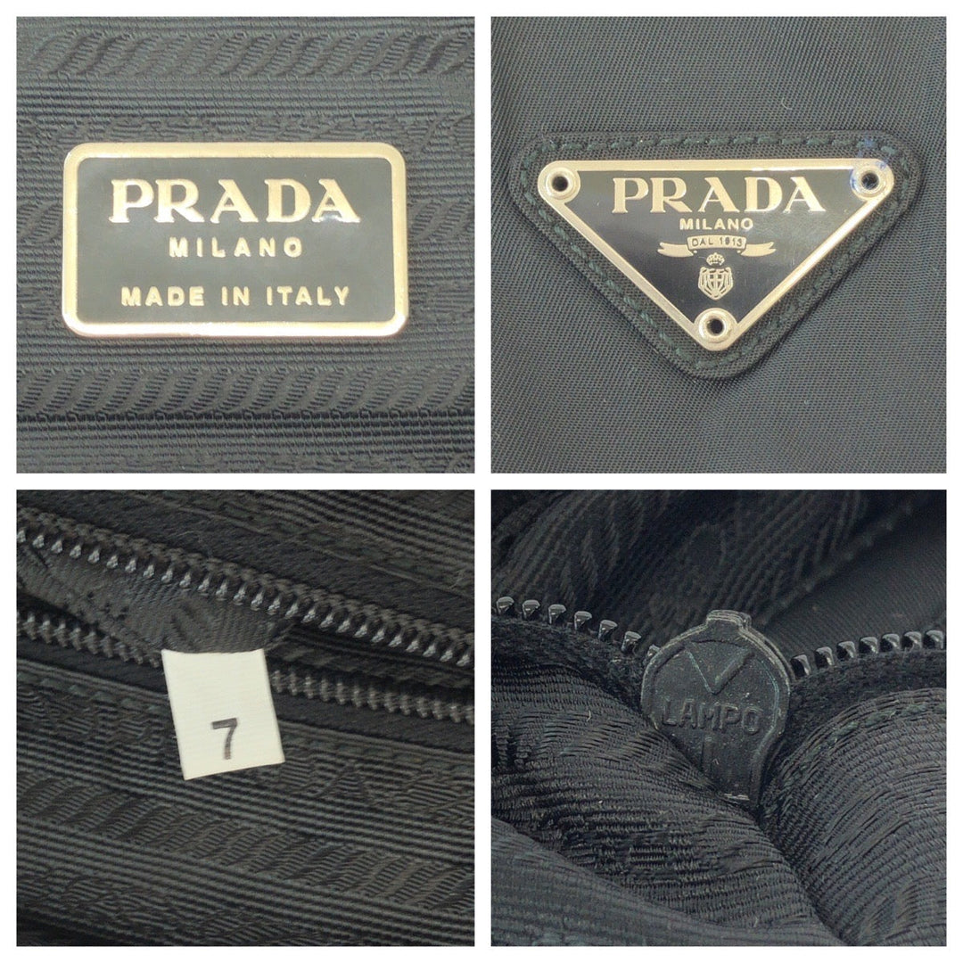 PRADA Tote Bag Nylon Black SilverMetal Tote Bag Shoulder Bag Test Triangle With logo Women Used Authentic