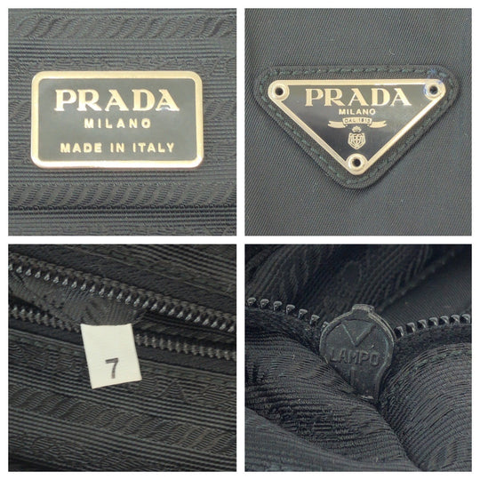 PRADA Tote Bag Nylon Black SilverMetal Tote Bag Shoulder Bag Test Triangle With logo Women Used Authentic
