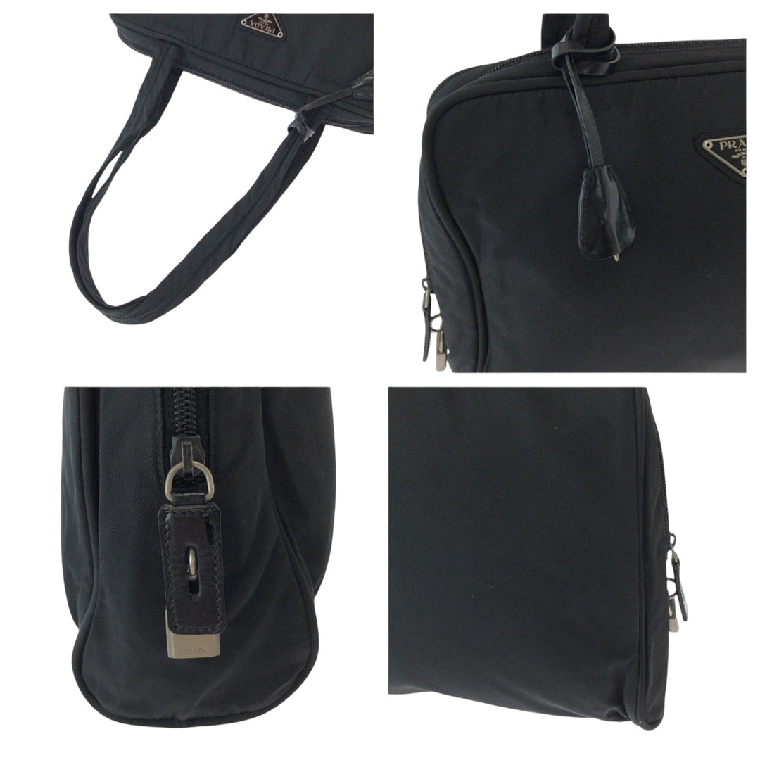 PRADA Tote Bag Nylon Black SilverMetal Tote Bag Shoulder Bag Test Triangle With logo Women Used Authentic