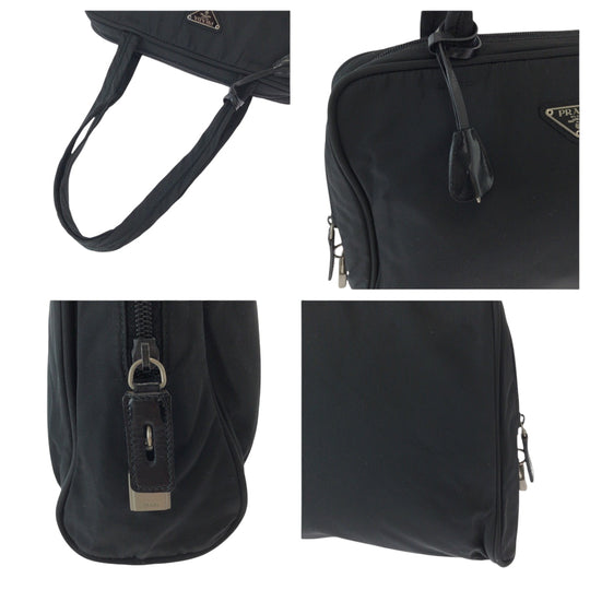 PRADA Tote Bag Nylon Black SilverMetal Tote Bag Shoulder Bag Test Triangle With logo Women Used Authentic