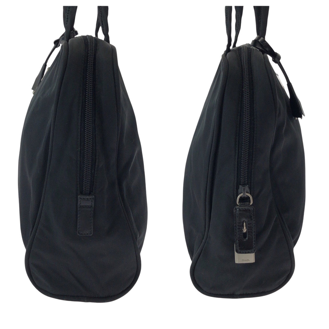 PRADA Tote Bag Nylon Black SilverMetal Tote Bag Shoulder Bag Test Triangle With logo Women Used Authentic