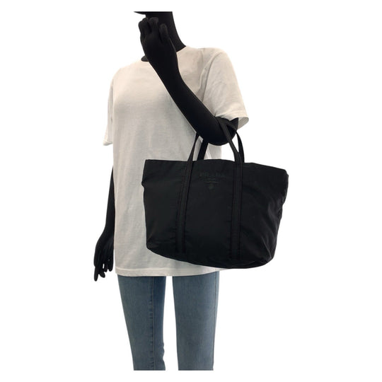 PRADA Tote Bag Nylon Black SilverMetal Tote Bag handbag Test Women Used Authentic