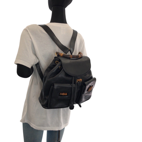 GUCCI Backpack 003 2058 0016 leather Black Brown Backpack Backpack Bamboo Old Gucci Women Used Authentic