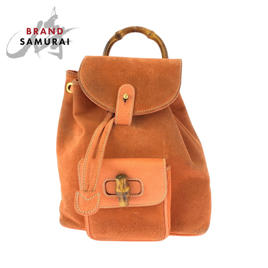 GUCCI Backpack 003 3444 0030 Suede Orange Brown Gold Metal Backpack Backpack Bamboo Women Used Authentic