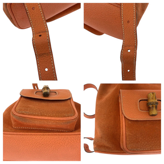 GUCCI Backpack 003 3444 0030 Suede Orange Brown Gold Metal Backpack Backpack Bamboo Women Used Authentic