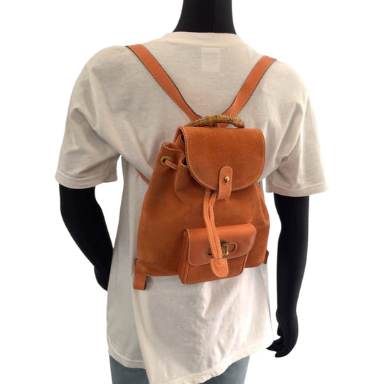 GUCCI Backpack 003 3444 0030 Suede Orange Brown Gold Metal Backpack Backpack Bamboo Women Used Authentic