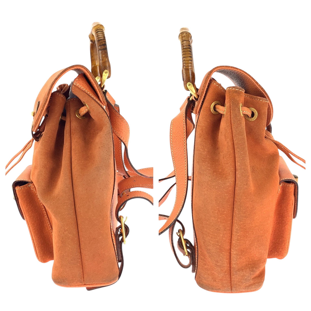 GUCCI Backpack 003 3444 0030 Suede Orange Brown Gold Metal Backpack Backpack Bamboo Women Used Authentic