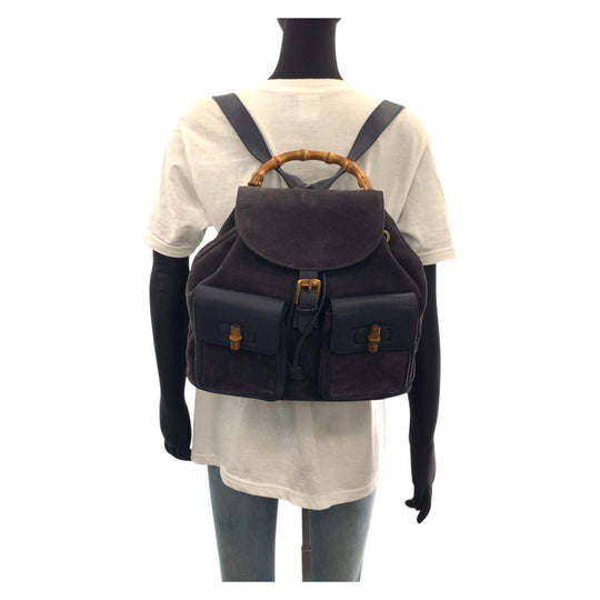 GUCCI Backpack 003 2058 0016 Suede, Leather Navy Backpacks & Daypacks Backpacks Bamboo Women Used Authentic