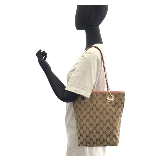 GUCCI Tote Bag 120840 GG canvas, leather Beige Pink Gold Metal Tote Bag Shoulder Bag Women Used Authentic