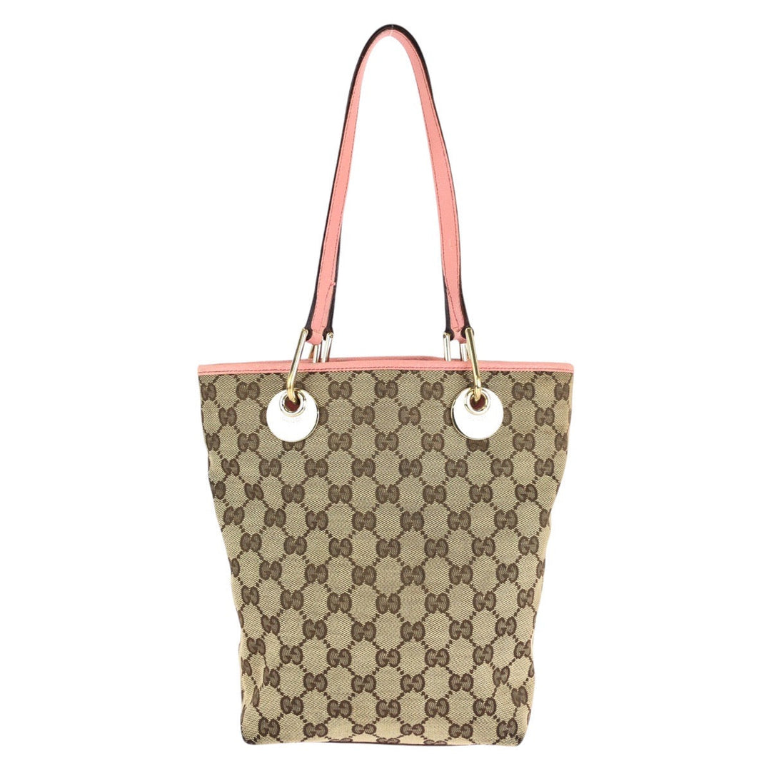 GUCCI Tote Bag 120840 GG canvas, leather Beige Pink Gold Metal Tote Bag Shoulder Bag Women Used Authentic