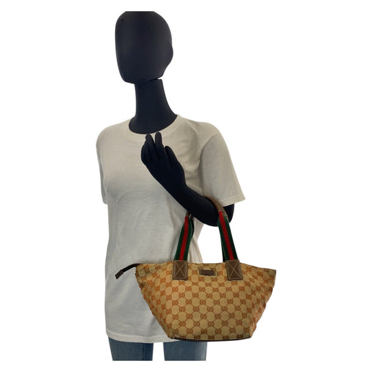 GUCCI Tote Bag 131228 GG canvas, leather Beige brown Tote Bag handbag Sherry line Women Used Authentic