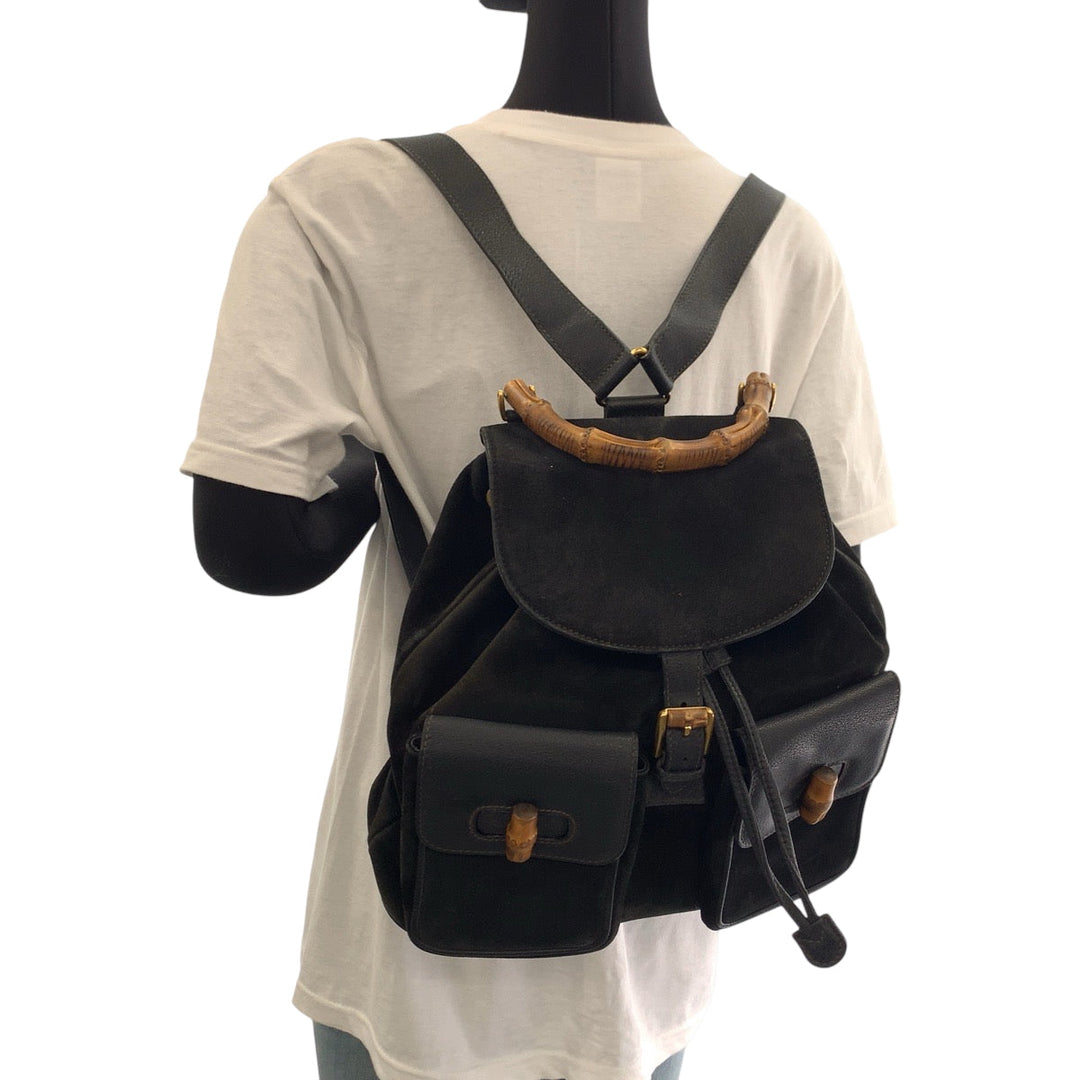 GUCCI Backpack 003 58 0016 Suede black brown Backpack Backpack Bamboo Old Gucci Women Used Authentic