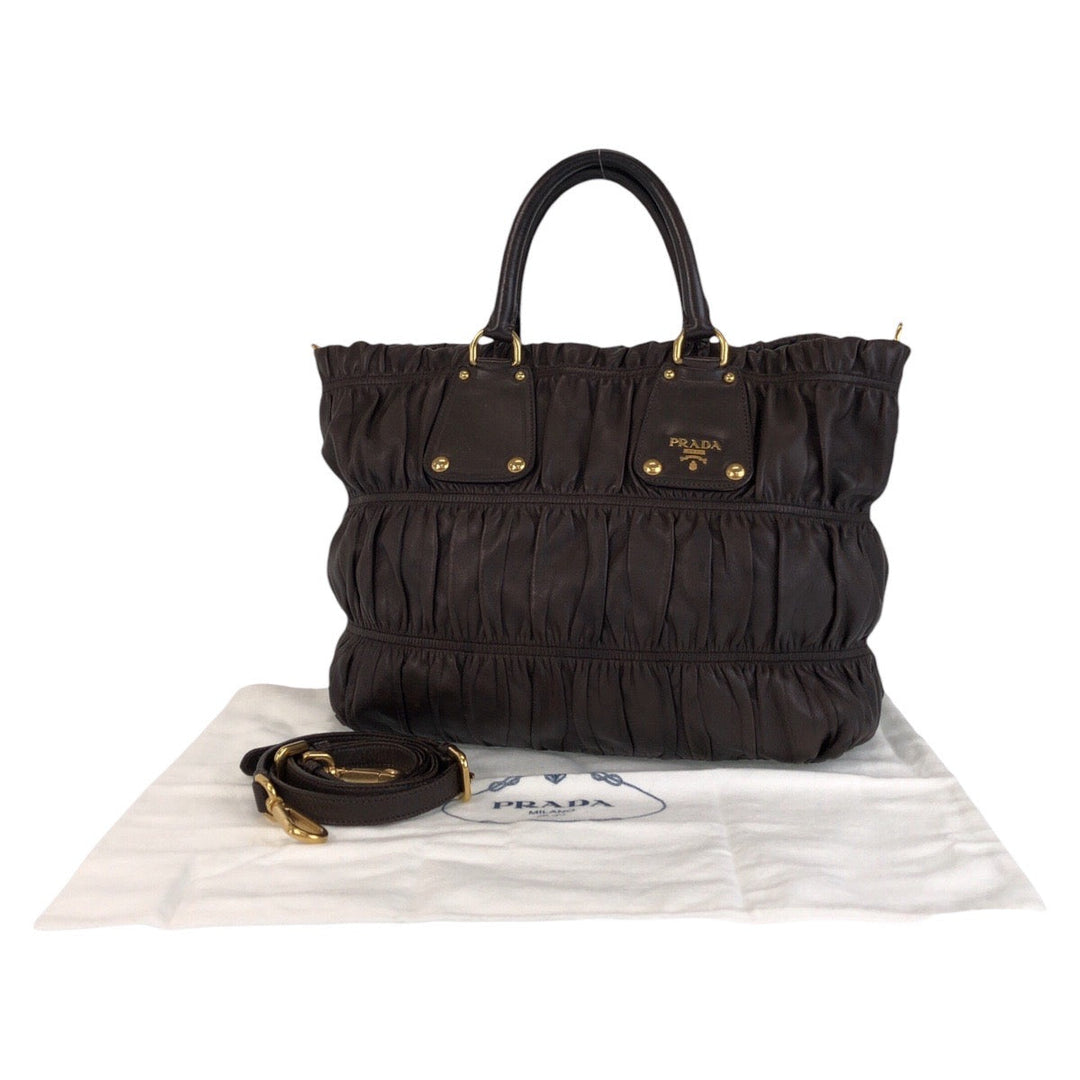 PRADA Tote Bag leather Brown Gold Metal Tote Bag Shoulder Bag 2way Women Used Authentic