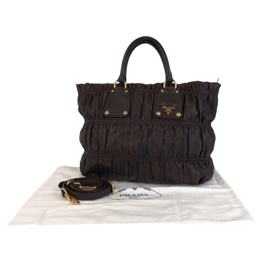 PRADA Tote Bag leather Brown Gold Metal Tote Bag Shoulder Bag 2way Women Used Authentic
