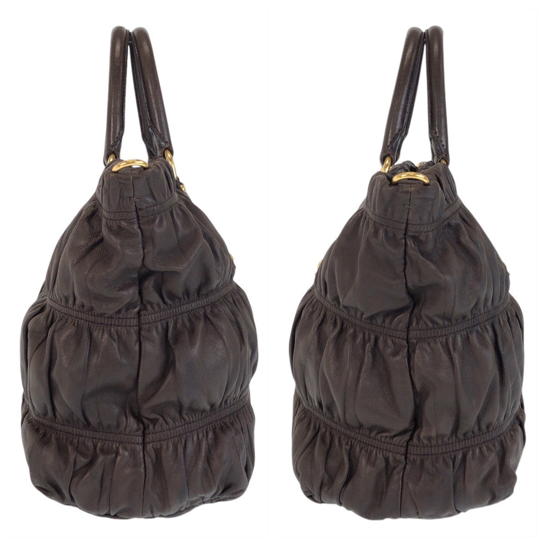 PRADA Tote Bag leather Brown Gold Metal Tote Bag Shoulder Bag 2way Women Used Authentic
