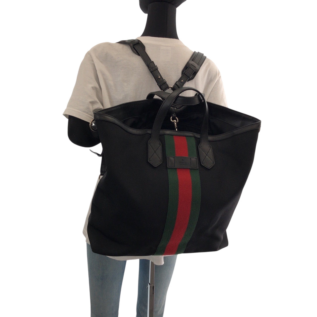 GUCCI Backpack 387105 canvas Black red green Backpack Tote Bag 2way Sherry line mens Used Authentic