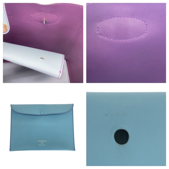 LOEWE Tote Bag leather Light Blue Purple SilverMetal Tote Bag Shoulder Bag anagram Leo Women Used Authentic