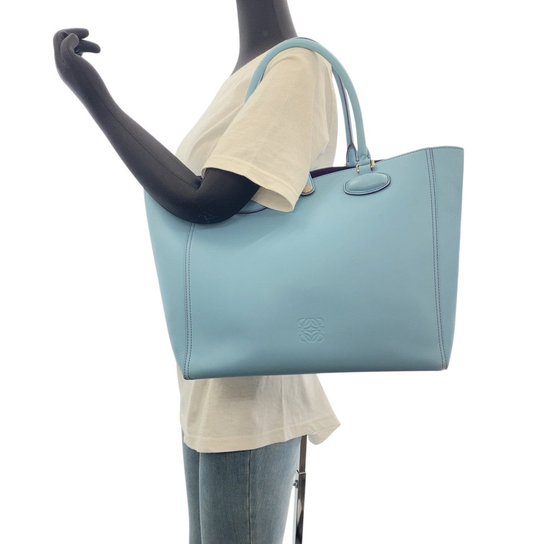 LOEWE Tote Bag leather Light Blue Purple SilverMetal Tote Bag Shoulder Bag anagram Leo Women Used Authentic