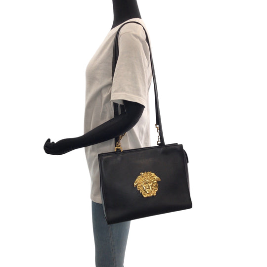 VERSACE Shoulder Bag leather Black GoldMetal Medusa