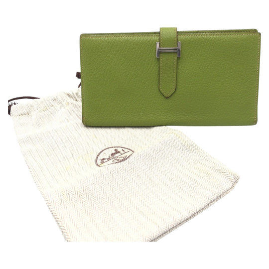 HERMES Long Wallet Purse Chevre Misol Green Kiwi Light Green Long Wallet Purse Beansufla Shable Mizole Women Used Authentic