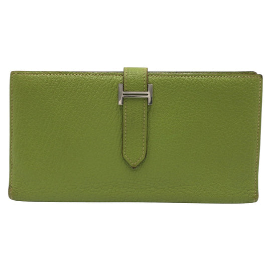 HERMES Long Wallet Purse Chevre Misol Green Kiwi Light Green Long Wallet Purse Beansufla Shable Mizole Women Used Authentic