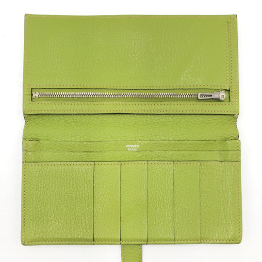 HERMES Long Wallet Purse Chevre Misol Green Kiwi Light Green Long Wallet Purse Beansufla Shable Mizole Women Used Authentic