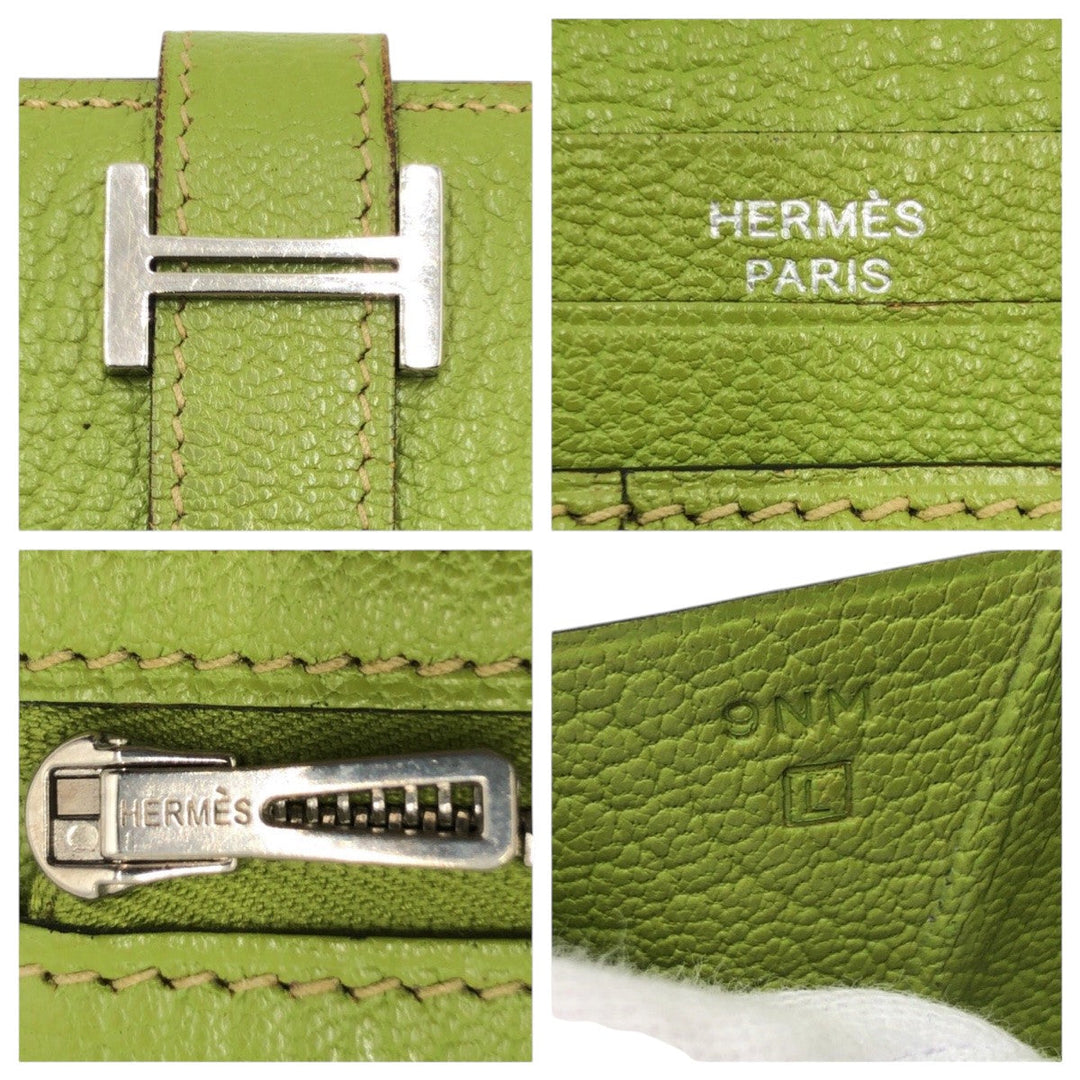 HERMES Long Wallet Purse Chevre Misol Green Kiwi Light Green Long Wallet Purse Beansufla Shable Mizole Women Used Authentic