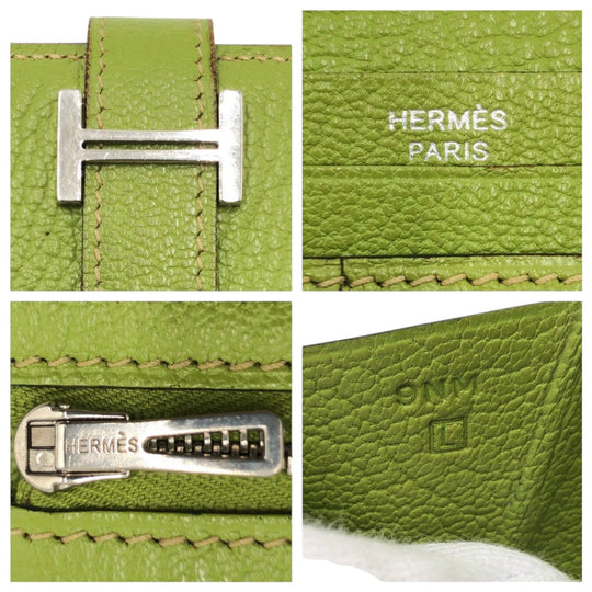 HERMES Long Wallet Purse Chevre Misol Green Kiwi Light Green Long Wallet Purse Beansufla Shable Mizole Women Used Authentic