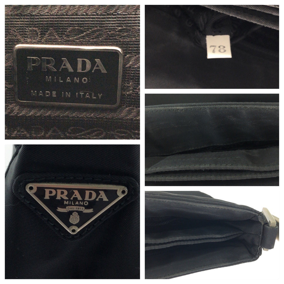 PRADA Shoulder Bag Nylon Black Silver Metal Hobo One Shoulder Bag with Plastic Handle Test Triangle With logo Women Used Authentic